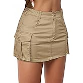 American Trends Women Mini Cargo Skirts Y2k Summer Short Denim Skirt with Pockets Low Waist Button Jean Skirts Khaki XS