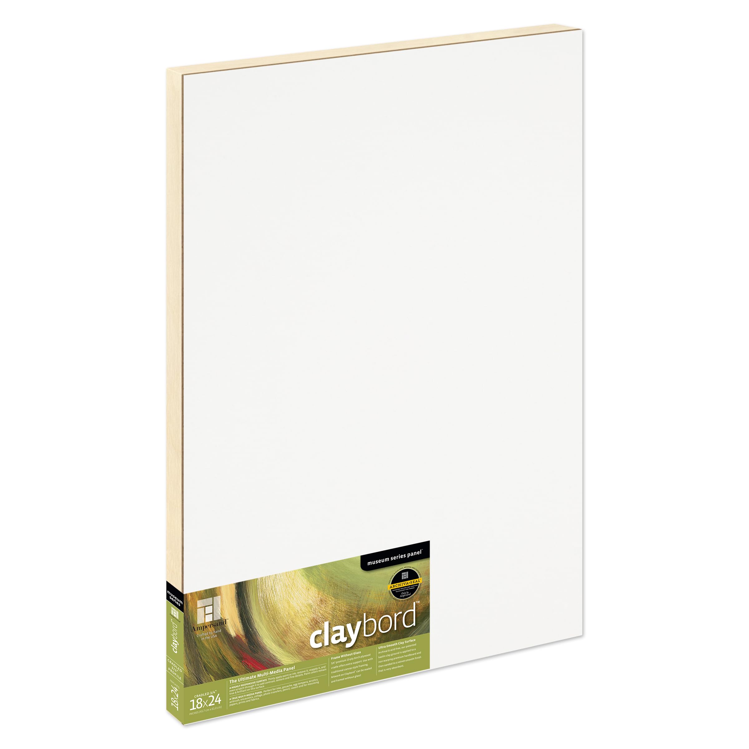 Ampersand Art Supply Wood Painting Panel: Museum Series Claybord, 18″ x 24″, 3/4″ Cradled Profile