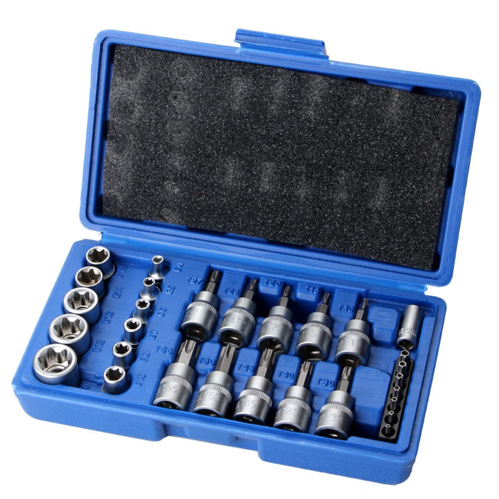LSHK 29 Pcs Torx Star Bit Socket Set, Metric Hex Bit Sockets Set, 1/4'' 3/8'' 1/2'' Drive for Hand Use with Storage Case