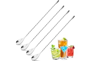 4Pcs Cocktail Spoon Long Handle Bar Spoon - 12" Metal Spoons Drink Mixers for Cocktails Stainless Steel Spoons Stirring Spoon