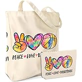 Peace Love Basketball Stuff,Basketball Gifts for Women Coach Teacher Mom Girl Friend Sister Graduation Birthday Christmas 2PCS Cosmetic Bags Canvas Tote Bag Beach Bag with Pocket Makeup Bags