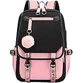 JiaYou Teenage Girls' Backpack Middle School Students Bookbag Outdoor Daypack with USB Charge Port (21 Liters, Black Pink)