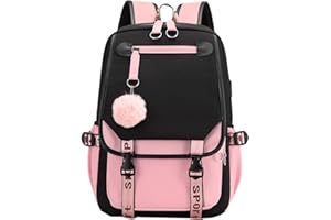 JiaYou Teenage Girls' Backpack Middle School Students Bookbag Outdoor Daypack with USB Charge Port (21 Liters, Black Pink)