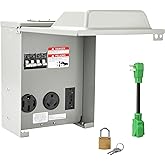 RVGUARD RV Temporary Power Outlet Panel with Breaker, ETL Listed 20 30 50 Amp RV Receptacle, Type 3R RV Electrical Outlet Panel with 20 Amp 90 Degree Adapter Cord for RV, Camper, Travel Trailer