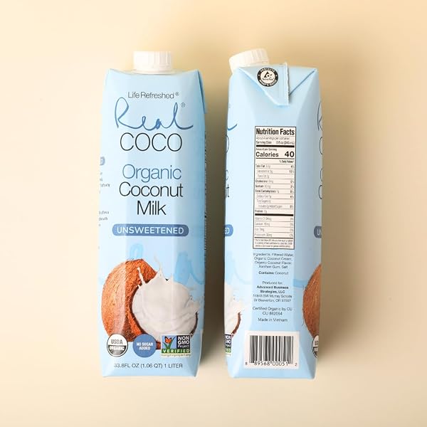 REAL COCO ORGANIC ORIGINAL COCONUT MILK BEVERAGE (6-PACK 1L), USDA ORGANIC, NO-ADDED SUGAR, PLANT BASED, DAIRY & SOY FREE, VEGAN, KETO AND PALEO FRIENDLY