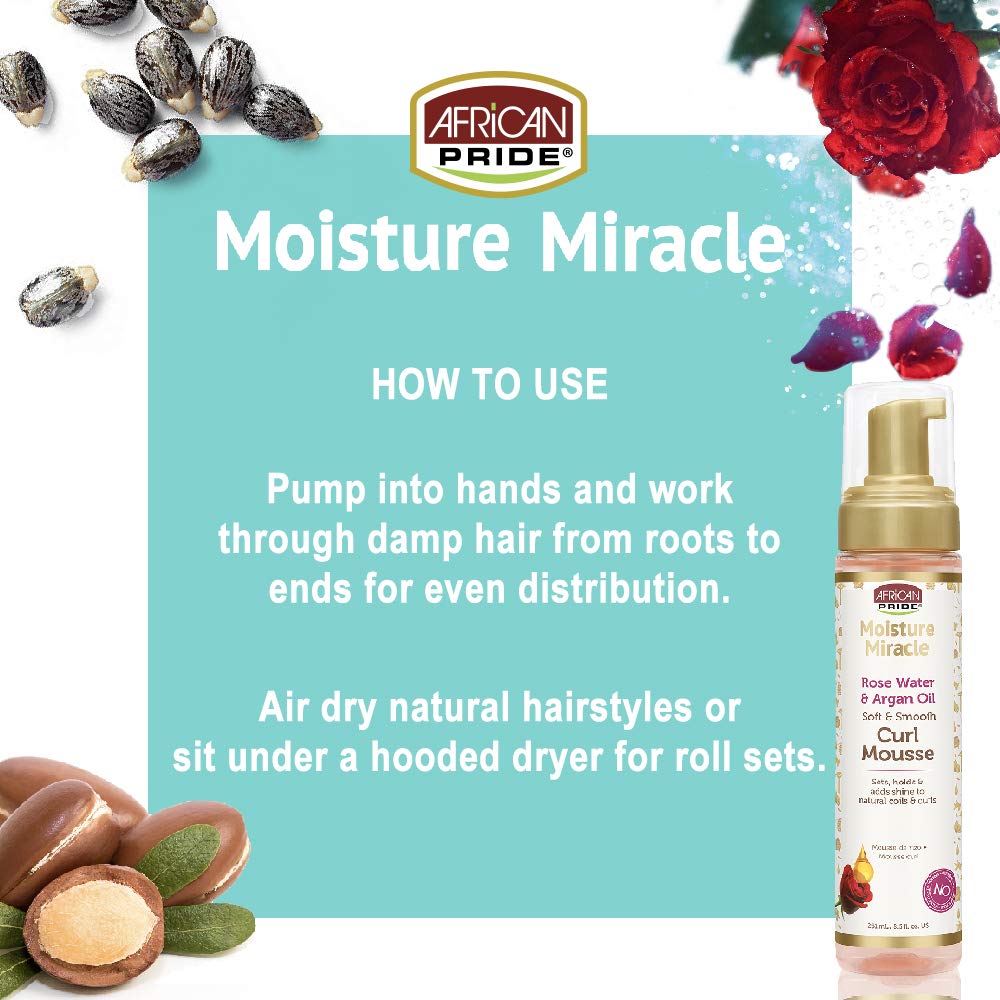 African Pride Moisture Miracle Rose Water & Argan Oil Curl Mousse - Flexible Hold, Enhances Curls, Creates Wave Patterns, No Residue, Deep Moisture, Adds Shine, Strengthens & Protects Hair, 8.5 oz : Beauty