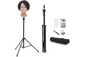 Klvied Reinforced Wig Stand Tripod Mannequin Head Stand, Adjustable Holder for Cosmetology Hairdressing Training with T-with Caps, T-Pins, Comb, Hair Clip, Carrying Bag