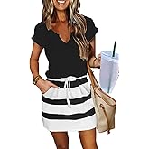 SAUKOLE Women Summer T Shirt Dress Casual Short Sleeve V Neck Dress with Pockets Drawstring Waist Short Dresses