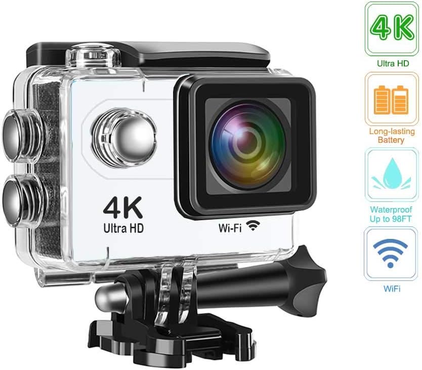 Action Camera 4K 16MP Underwater Waterproof Camera 170° Wide Angle WiFi Sports Cam with 1 Battery and Mounting Accessories Kit