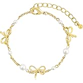 Gold Bow Knot Link Bracelet for Women with Pearl Cute 14K Gold Plated Bowknot Bracelet Elegant Bow Charm Bracelet Dainty Bow Tie Ribbon Bracelet Summer Party Trendy Jewelry Gift for Women