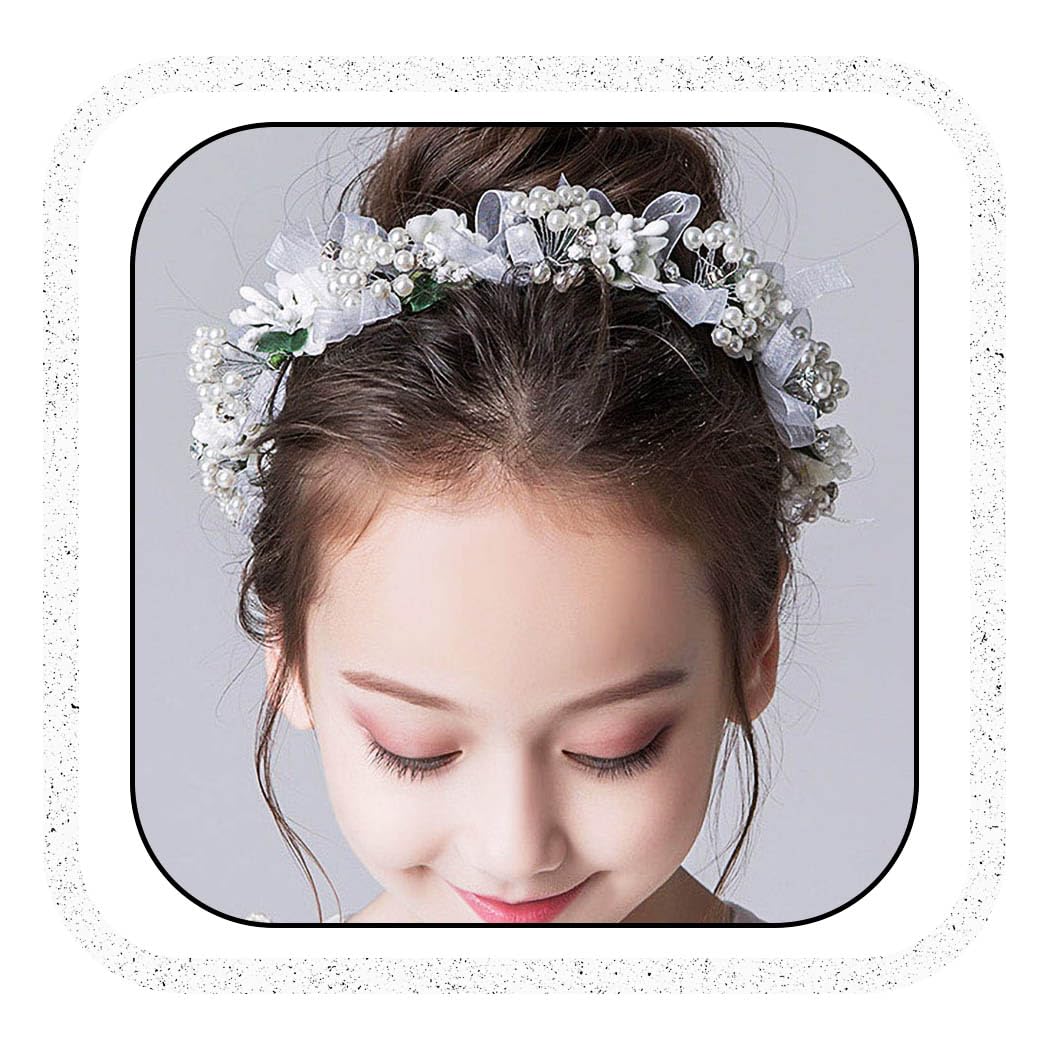 IYOU Princess White Flower Headpiece Pearl Hair Dress Crystal Bridal Wedding Hair Accessories for Flower Girls