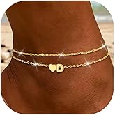 Initial Heart Gold Ankle Bracelets for Women Trendy 14K Gold Plated Dainty Layered Letter A-Z Heart Charm Anklets Set Non Tarnish Adjustable Anklet Handmade Waterproof for Summer Beach Foot Jewelry