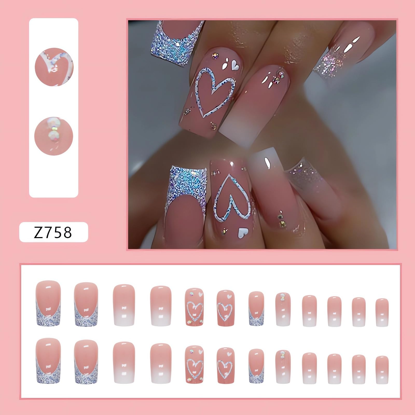 SINSEN Square Press on Nails Medium Length - French Tip Press on Nails Heart Deign, Glossy Pink Fake Nails with Adhesive Glue Stickers, Reusable Stick on Nails in 12 Sizes, 24 Pcs Medium French Nails - Image 2