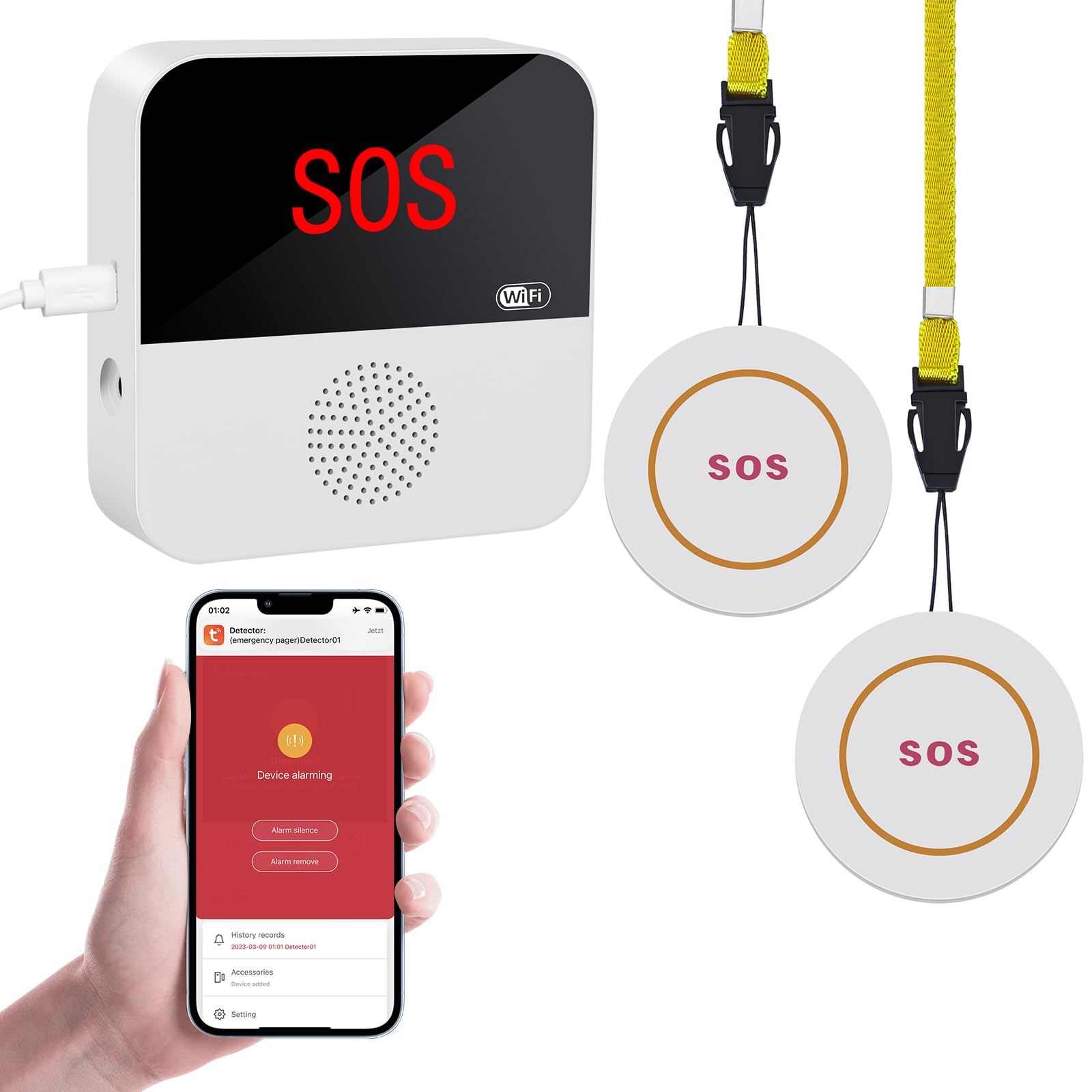 Wireless Personal Alarms for Elderly - Caregiver Seniors Pager Alarm, SOS Elderly Alarm Call Button, Fall Calls Wifi Home Smart Alarm System with Receiver and 2 Call Bell Button