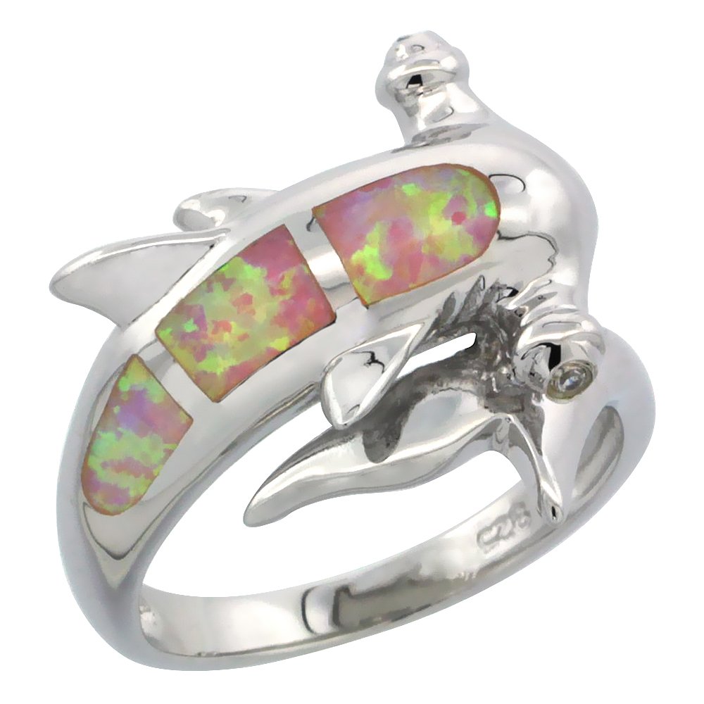 Sterling Silver Blue Synthetic Opal Hammerhead Shark Ring for Women 3/4 inch