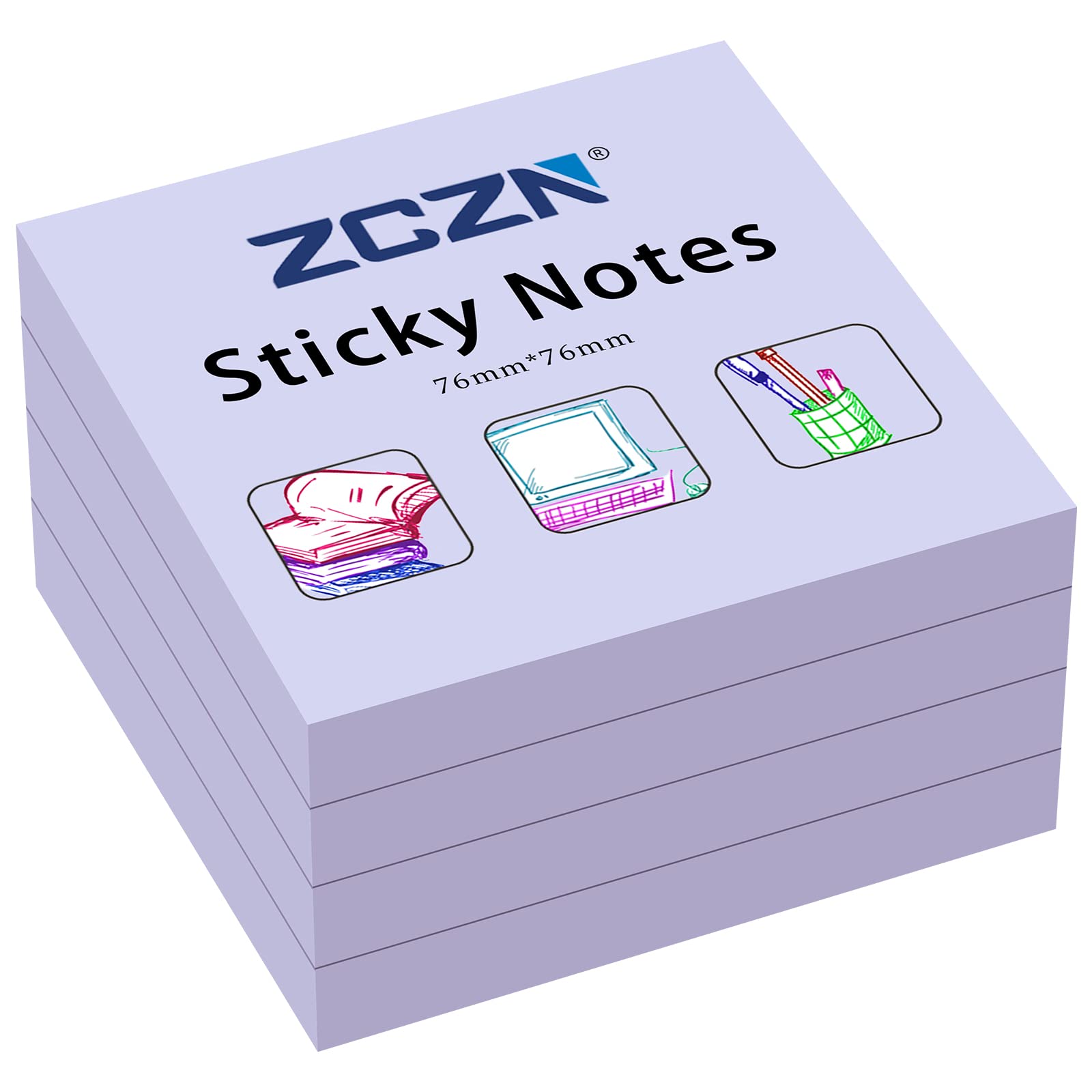 ZCZN 76 x 76 mm Sticky Notes, 100 Sheets/Pad, 4 Pads, Light Purple