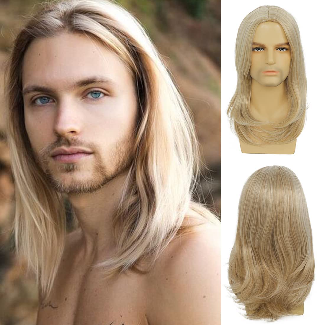 Beweig Mens Long Blonde Wig Long Straight Wig for Men Middle Part Synthetic Heat Resistant Hair Wigs for Daily Party Costume Halloween