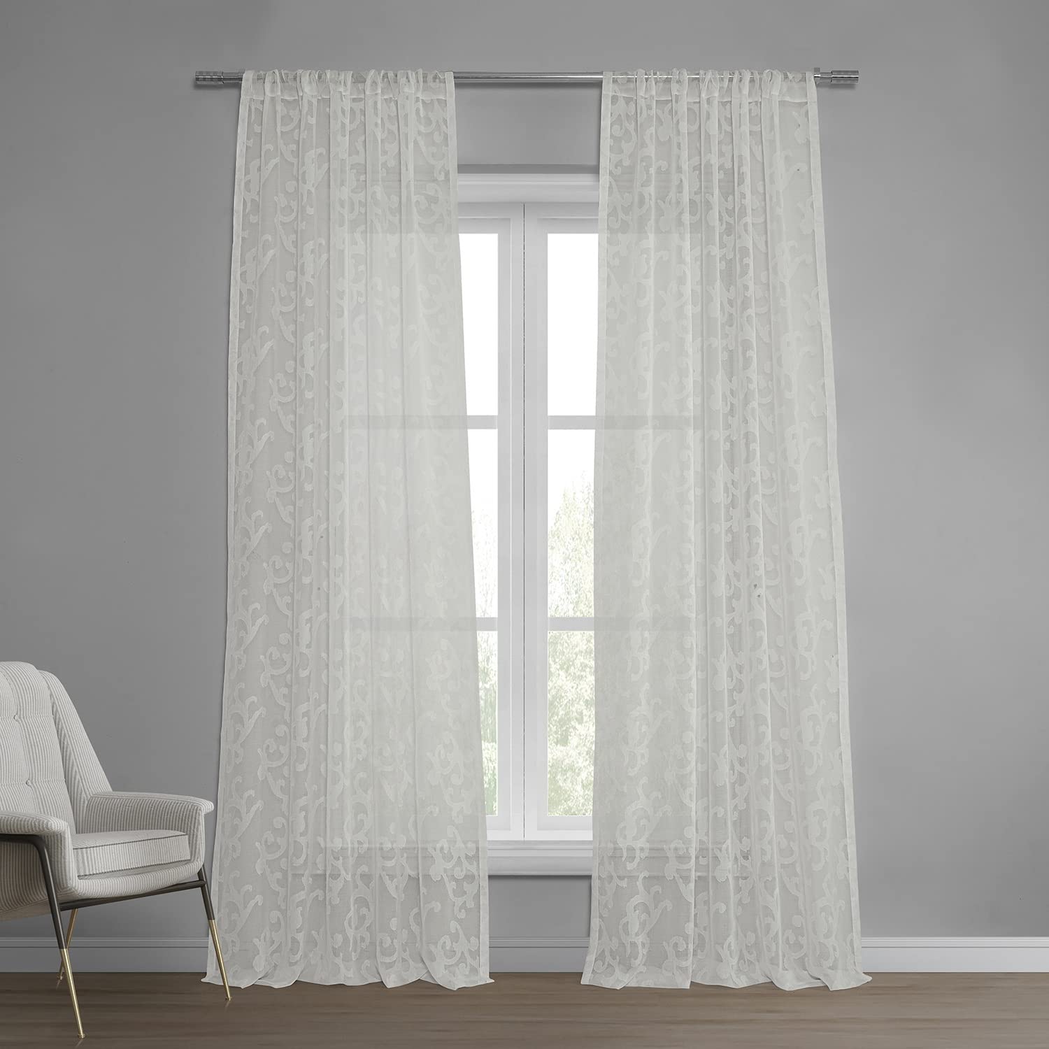 HPD Half Price Drapes SHCH-11745-108 Patterned Faux Linen Sheer Curtain (1 Panel), 50 X 108, Paris Scroll