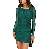 Nova In Sky Women's 2025 Sexy Bodycon Boat Neck Mini Dresses Mesh Long Sleeve Ruched Bodycon Cocktail Club Party Short Dress