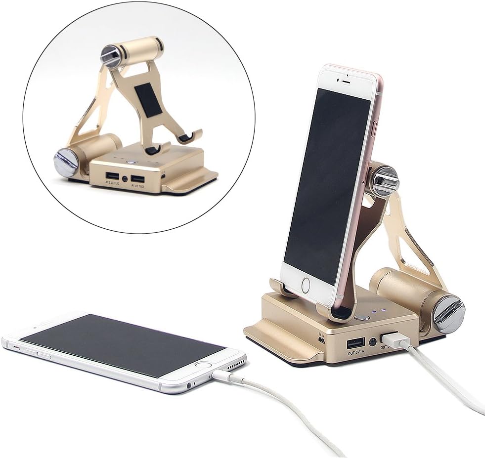 Phone Tablet Stand Holder + 10400mAh Power Bank Dual USB External Battery Charger for iPhone 7, iPhone 7 Plus,iPhone 6,iPhone 6s, Samsung Galaxy and iPad (Gold 2in1)