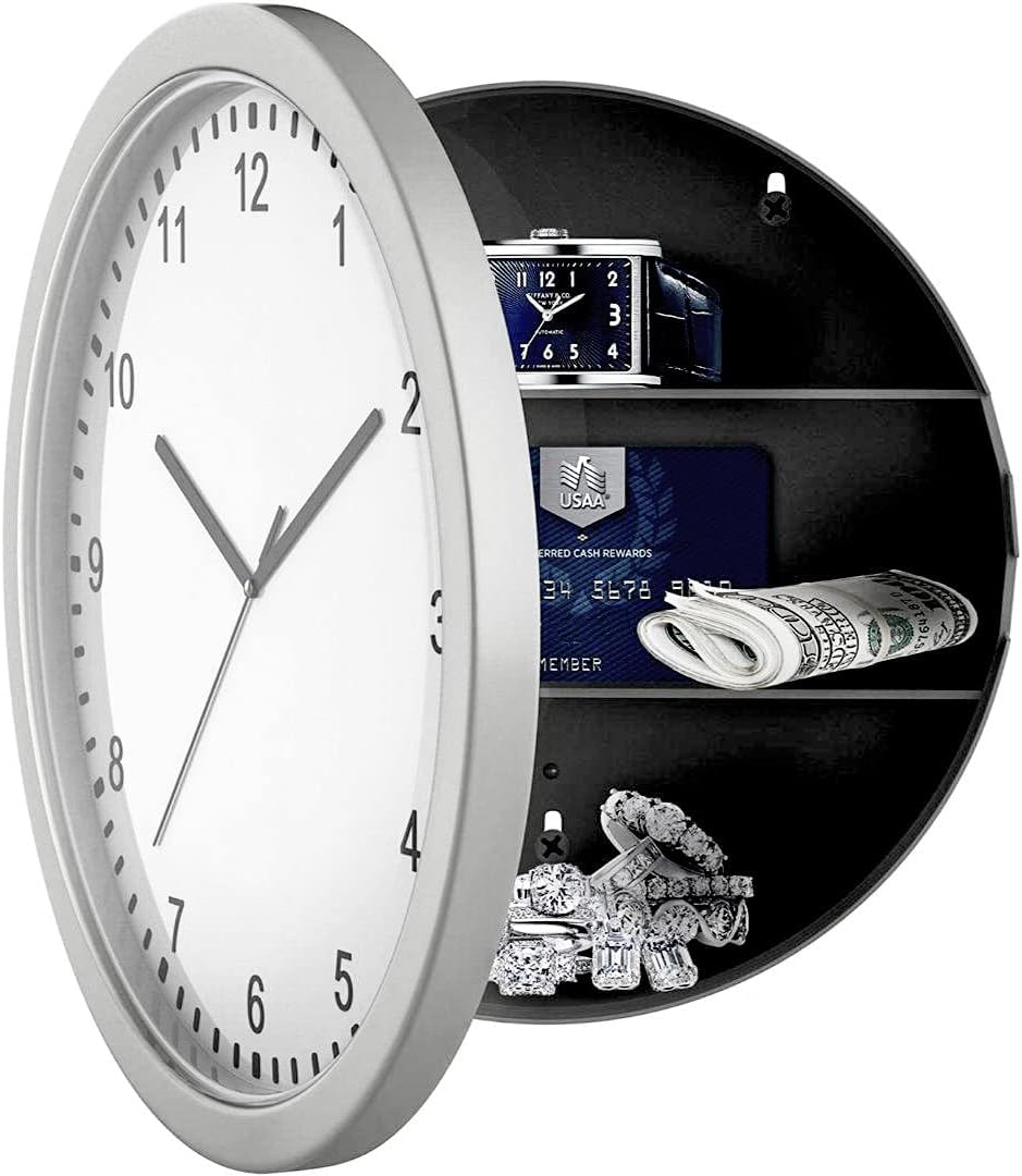 Wall Clock, Wall Mounted Key Box Wall Clock with Hidden Safe Clock Diversion Safe Jewelry Money Safe Storage For Money Stash Jewelry Valuables Cash