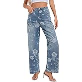 Btuigkv Women's Floral Print High Waisted Jeans - Stretch Denim Straight Leg Pants, Casual Summer Trousers