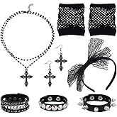 UNICRAFTALE 7Pcs 80s Women Costume Accessories PU Leather Rivets Punk Bracelets Black Cross Necklace Rhinestone Cross Dangle Earrings Lace Headband Fishnet Short Glove for Halloween Decorations