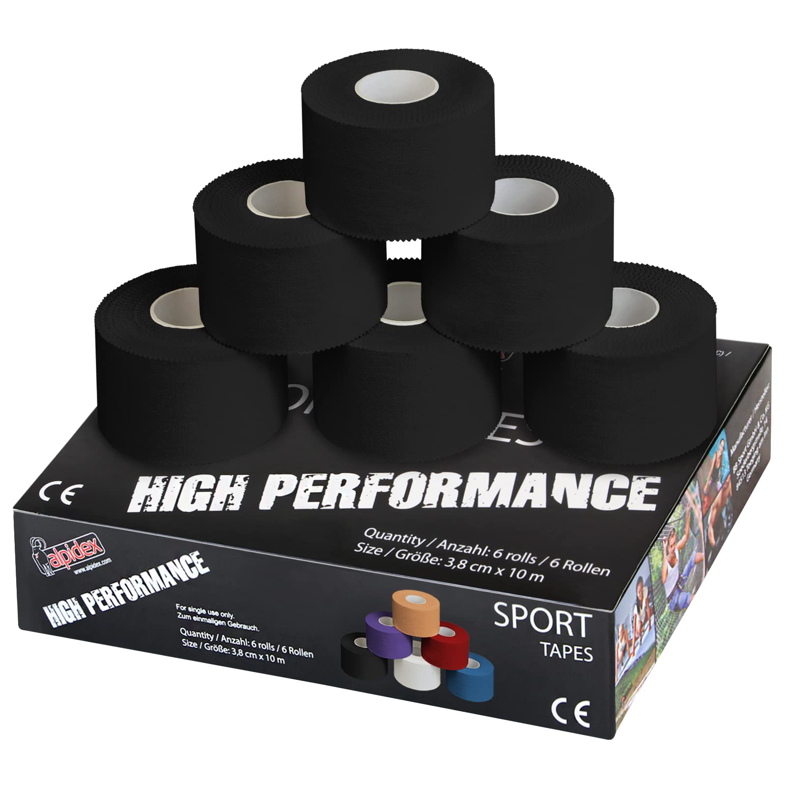 ALPIDEX 6 x Sports Tape 10 m x 3.8 cm Many Colours Zinc Oxide Finger Tape Tearable Skinfriendly Handball Football Volleyball Rugby, Colour:black