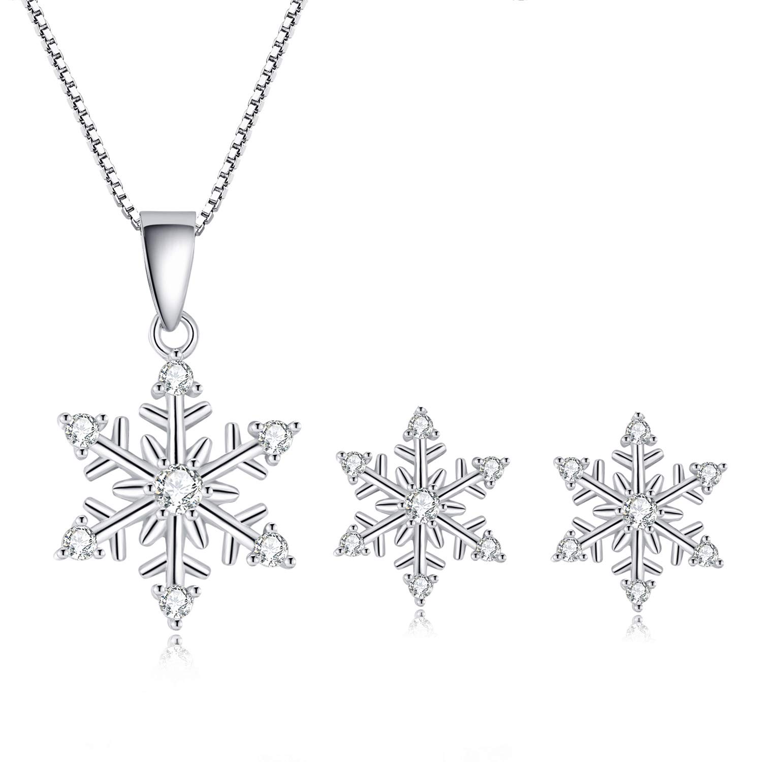 Shuxin Silver Snowflake Jewellery Set for Women, 925 Sterling Silver Snowflake Stud Earrings & 45cm Necklace Pendant Set, with White AAA Cubic Zirconia, Perfect Christmas Gift for Ladies Girls