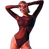 TPQYMX Women's Sexy Mesh Sheer One Piece Bodysuit Long Sleeve See-Through Leotard Shirt Top Cut Out Jumpsuits for Rave Party