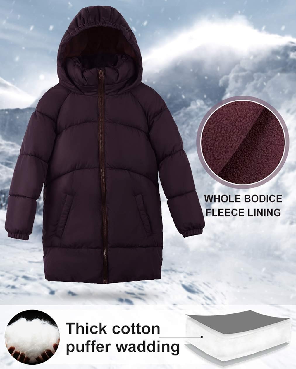 maoo garden Girls Winter Long Puffer Lightweight Coat Thick Padded Soft Fleece Jacket with Hood: Clothing