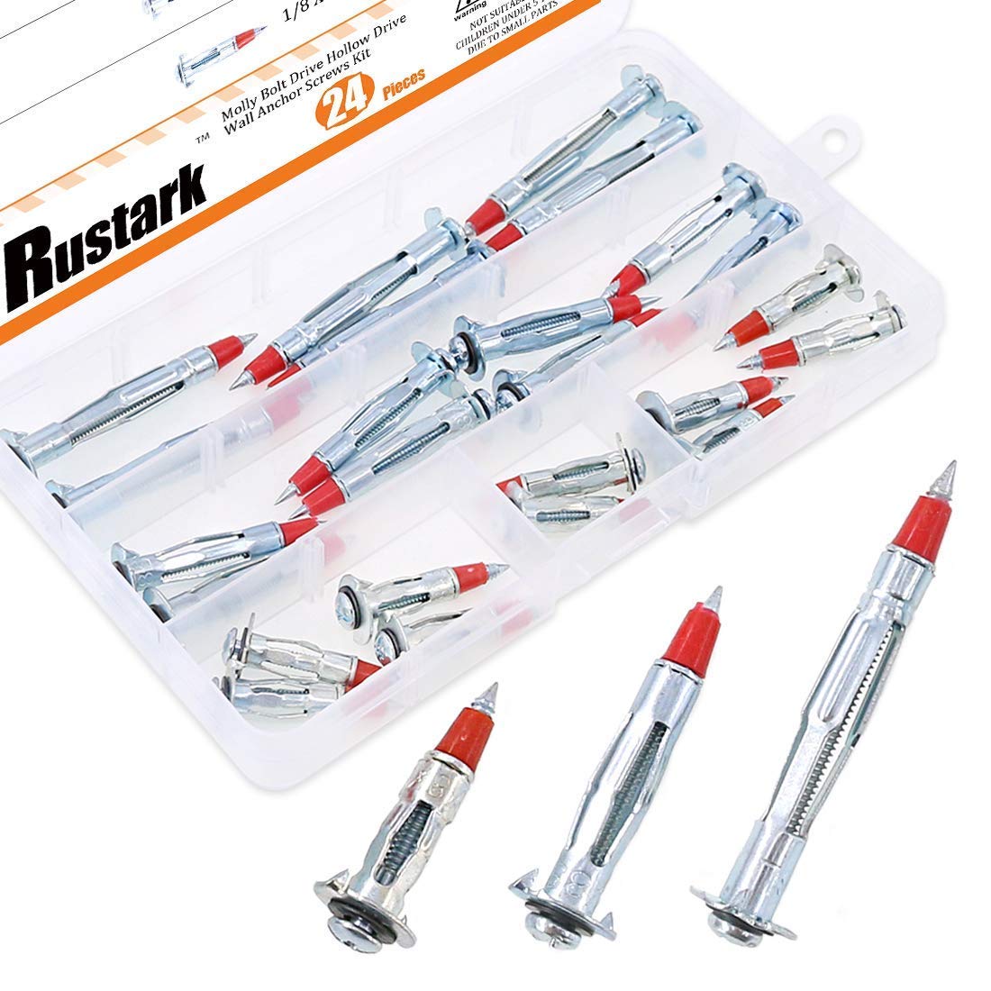 Rustark 24-Pcs Heavy Duty Zinc Plated Steel Molly Bolt Drive Fasteners Hollow Wall Drive Anchor Screw Assortment Kit - Sizes 35mm 46mm 59mm for Hanging Walls
