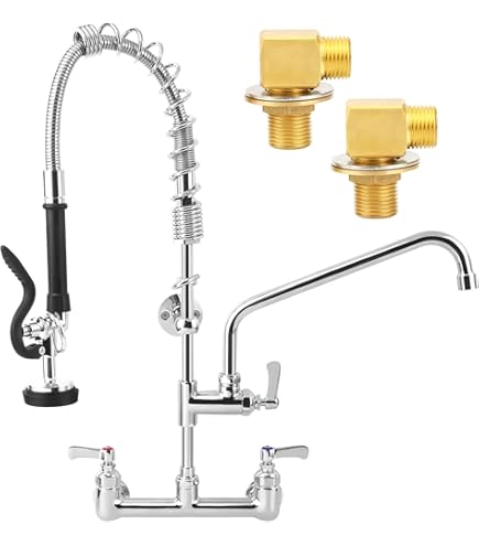 thumbnail image 2 of IVIGA 21 In. H Commercial Wall Mount Triple Handle Pull Down Sprayer Kitchen Faucet With Pre-Rinse Sprayer In Polished Chrome VSK42C-21 - The Home Depot 2 of 12