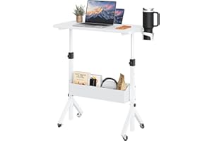 ErGear Mobile Standing Desk with Wheels, Adjustable Height 28.3″ to 46.3″, Rolling Laptop Cart with Cup Holder, Storage Basket, Computer & Pen Slot, Home Office Stand Up Desk, White (31.5″ x 15.75″)