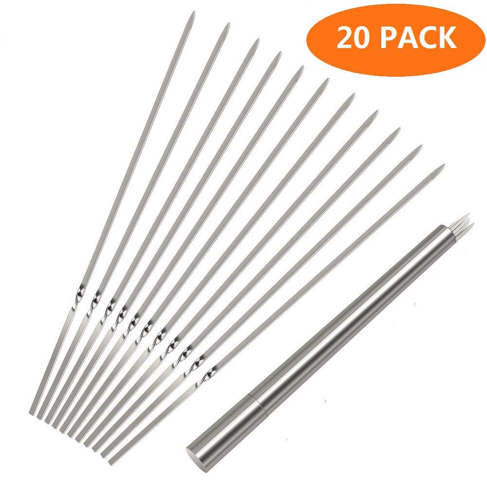BBQ Kabob Skewers Set,14'' Stainless Steel Barbecue Skewers Flat Metal Grilling Skewers Reusable BBQ Sticks with Portable Storage Tube(Set of 20)