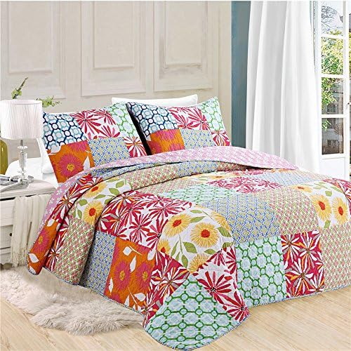 American Country Style Cotton Plain Weave Quilted 3 Pieces Set Cotton Charming Fairytale Tea Party Country Cottage Patchwork Quilt Bedspread Set, Multicolor Full Size [Energy Class A]