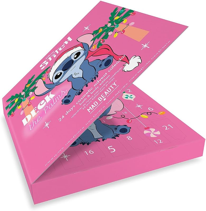 – Disney STITCH Adventskalender mit 24 Kosmetik Produkten, Wellness Adventskalender für Frauen & Mädchen mit Gesichtsmaske, Bodylotion, Haargummi, Nagelfeile – Weihnachtskalender Beauty