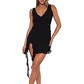 ZREQV Women's Summer Bodycon Dresses Sexy V Neck Backless Y2K Slit Ruffle Trim Fringe Cocktail Party Mini Mesh Tank Dress
