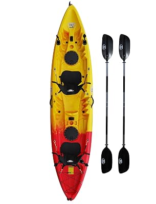 Brooklyn 12.5 Tandem Sit-On-Top Fishing Kayak by BKC, 2–3 Person Kayak with Padded Seats, Paddles, 6 Rod Holders, 600 lb Capacity, Motor-Ready (Red Yellow)