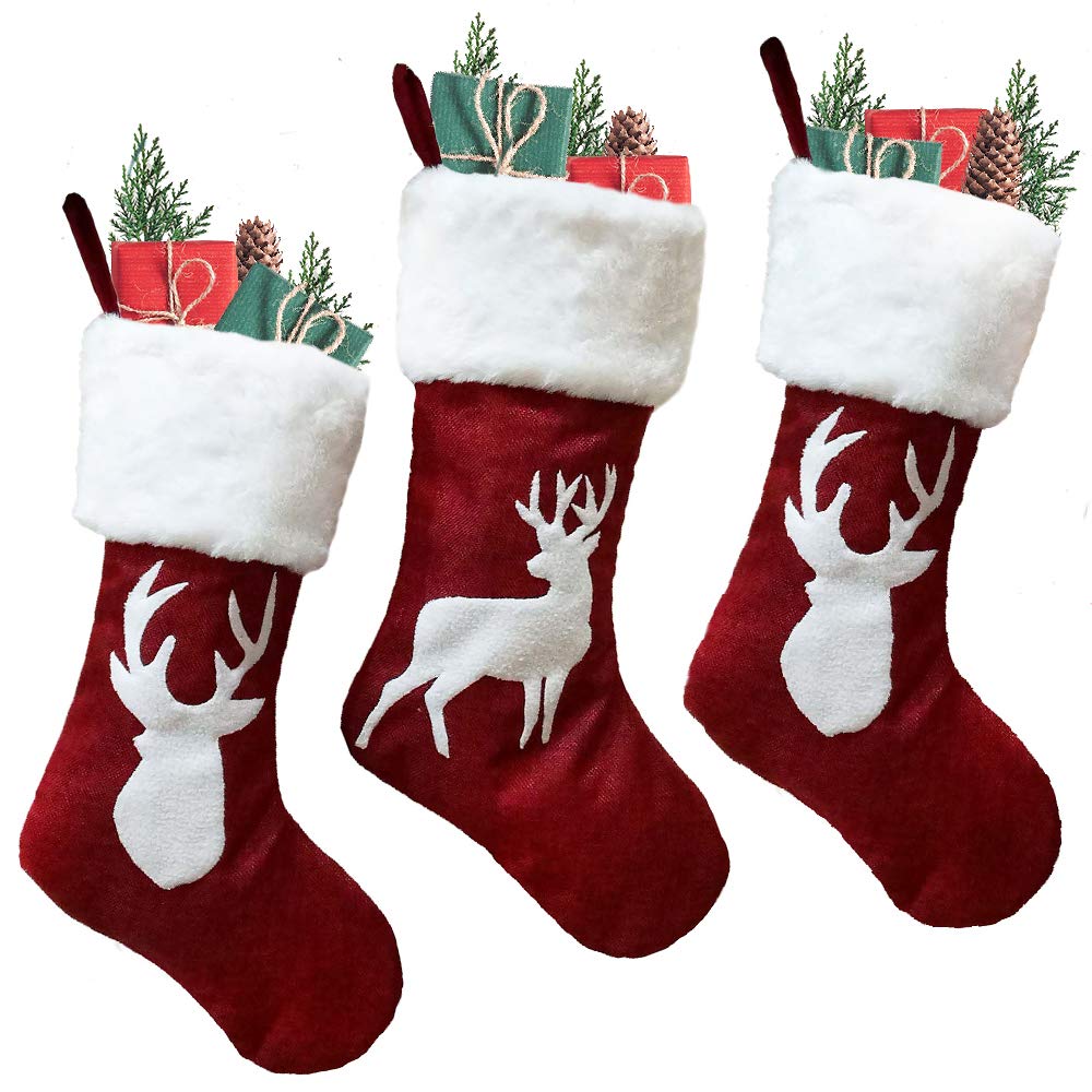 Christmas Stockings Red Reindeer - 3 Pcs Stylish Xmas Stockings Decorations - Classic Family Holiday Decor - Red Elk Embroidery Set with Faux Fur - Christmas stockings Storage for Treats and Gifts