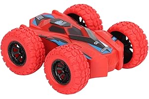 Kikumi Double Sided Pull Back Car Friction Powered 4 Large Tyres 360 Degree Rotatable Mini Flips, Inertial Stunt Car (Red)