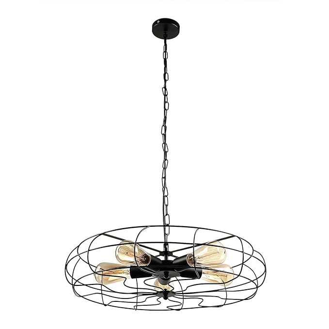 Citra Lighting 5 Lights Industrial Fan Vintage Wrought Iron Semi Flush Mount Ceiling Light Chandelier Metal Hanging Fixture with 5 Lights, Black