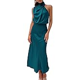 Mettclasi Women's Spring Summer Satin Sleeveless Halter Maxi Dress Elegant Formal Mock Neck Cocktail Party Evening Dress