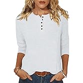 EADINVE Womens Crew Neck 3/4 Sleeve Tops Basic Button T-Shirts Solid Loose Cute Tunic Tee Blouses Fit Pullover