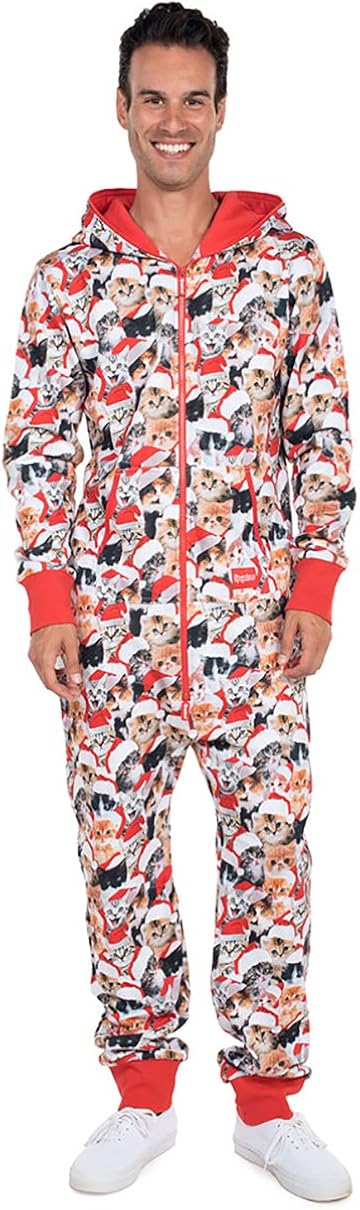 Tipsy Elves Ugly Christmas Jumpsuit for Men - Meowy Christmas Cozy Cat Print Holiday Onesie Size: Clothing