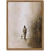Jesus and Lost Sheep Wall Art, Jesus Leaves the 99 Sheep Wall Decor Christian Shepherd Poster Religion Paintings Canvas Print Picture for Living Room Bedroom Prayer Room 12x16 inch Wood Framed