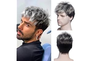 Kaneles Men Short Curly Silver Grey Root Black Cosplay Wig Halloween Costume Male Wig