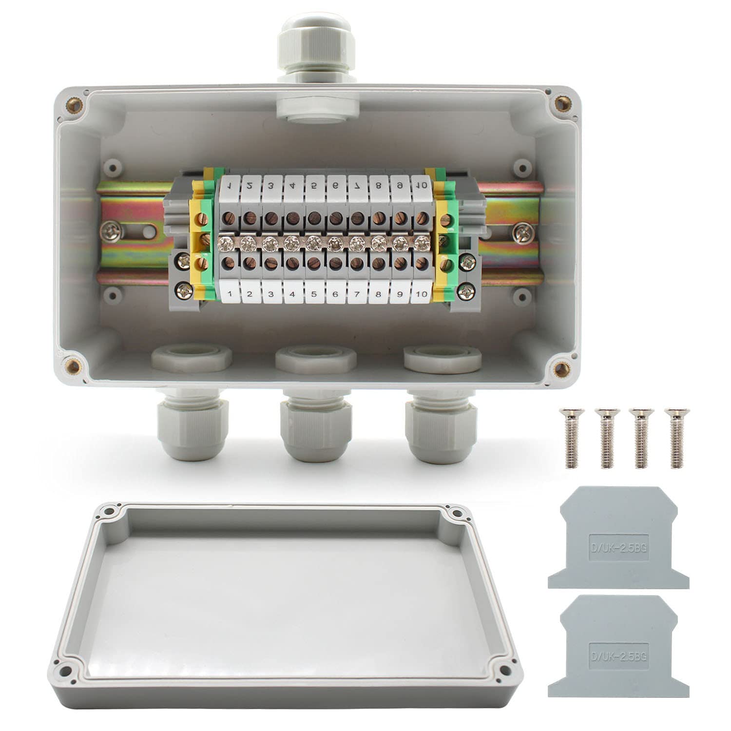 SRJQXH IP66 Waterproof Junction Box, 1 in 3 Out with UK/ MBKK2.5 Terminals, DIN Rail Terminal Block Kit, Crimp Connector and Ground Block end