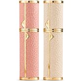 DIOHIO Atomizer Perfume Spray Bottle Refillable - 5ml Glass Inner Bottle with Premium Leather Case, Portable Travel Sprayer for Fragrance Lovers (White-Pink)