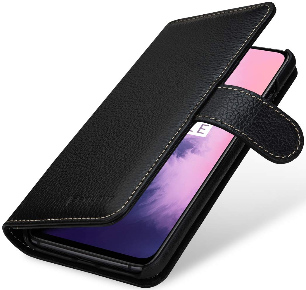 StilGut Wallet Case for OnePlus 7, Genuine Leather OnePlus 7 Case with Card Slots & Magnetic Closure, Black